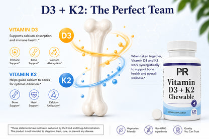 D3 + K2 Chewable Tablets – High Potency Bone, Heart & Immune Support – Calcium Absorption Formula with Vitamin K2 MK-7 – Delicious Chewable Supplement – Gluten-Free- 120ct USA